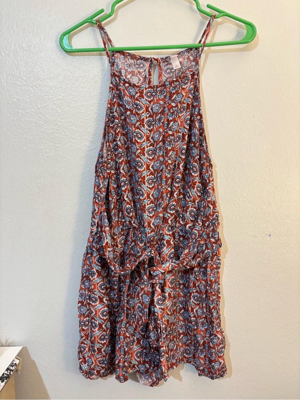 Xhilaration Rust Floral Halter Mini Dress with Blue Accents